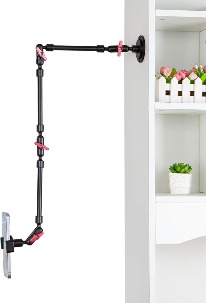 Wall Mounted Phone Holder Magic Arm 360° Rotation Adjustable Metal Base Screw in Wall Sturdy for Kitchen Bedroom Home 32 Inch ABS Phone Clip