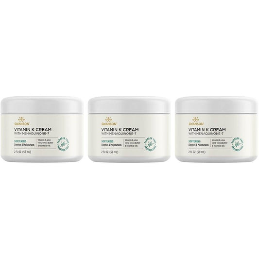 Swanson Vitamin K Cream with Menaquinone-7 - Eye Cream to Help Minimize the Appearance of Dark Circles Under the Eyes, Topical Cream to Help Nourish and Brighten the Skin, 2 fl oz, 3 Pack