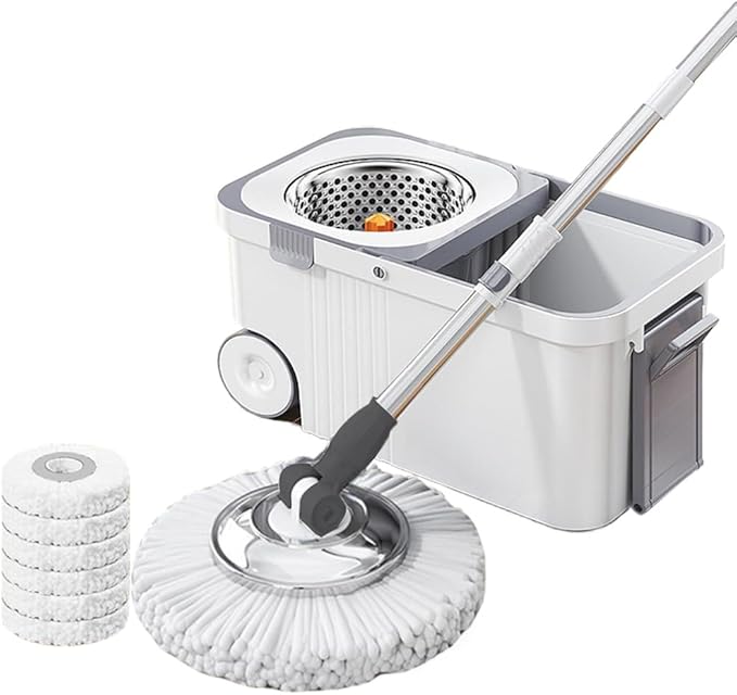 360 Spinning Floor Cleaning System with 6 Replacement Head Refills Extended Handle Household Cleaning Automatic Hand-Free Automatic Dehydration Mop for Household Floor Cleaning (White Blue)