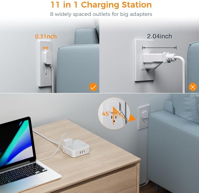 TESSAN Surge Protector Power Strip, 25 Ft Flat Plug Extension Cord with 3 USB (1 USB C 20W PD) 8 Outlets, 1250W, 900J Protection, 3 Sided Outlet Extender with Power Switch for Office, Dorm Room, Grey