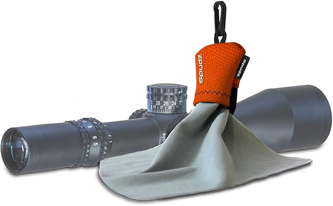 SPUDZ Ultra Microfiber Lens Cleaner with Closeable Bottom – Clip-On Pouch, Washable – for Binoculars, Scopes, Glasses, Screens | Ultra Blaze Orange, 10 x 10 Inch
