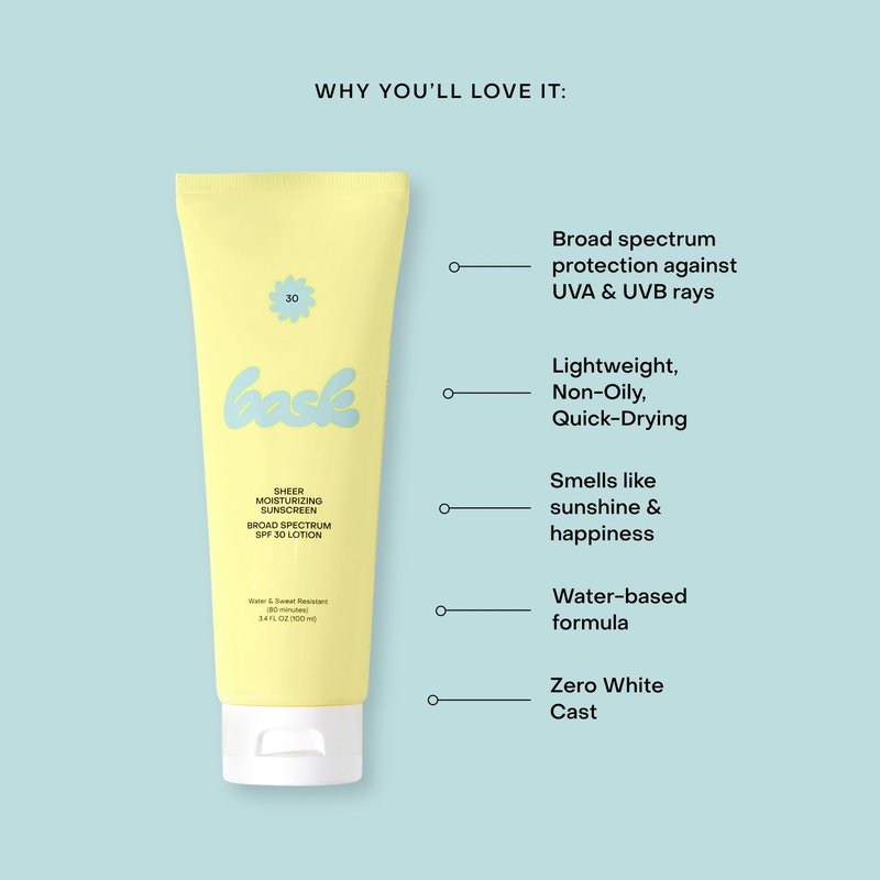 Bask SPF 30 Sheer Moisturizing Sunscreen Lotion - Broad Spectrum UVA/UVB Protection, Dermatologist Recommended, Hydrating, Lightweight & Non-Greasy, No White Cast, Travel Size, 3.4 fl oz