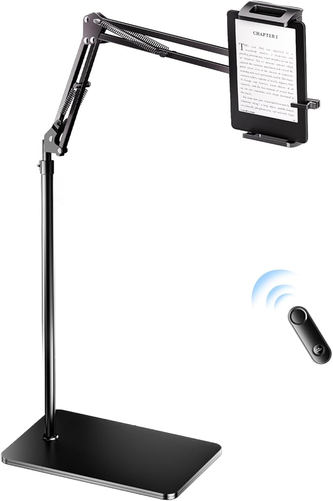 UNIBITRI Floor Stand for Kindle with Remote Page Turner, Holder Stand for Reading in Bed with Clicker – for Kindle Paperwhite, Oasis,Tablet, iPhone and More 4.7-11 inch, Black Remote