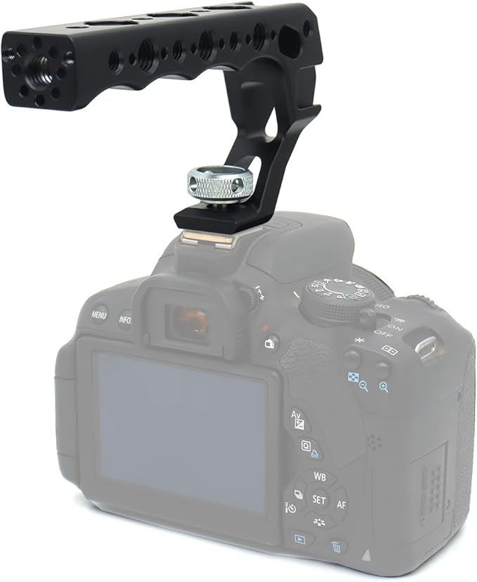 SZJELEN Universal Top Handle with Quick Release NATO Grip with NATO Rail for DSLR Camera Cage, with 3 Cold Shoe Adapters to Mount DSLR Camera with Microphone/LED Light/Monitor (Red with NATO Rail)