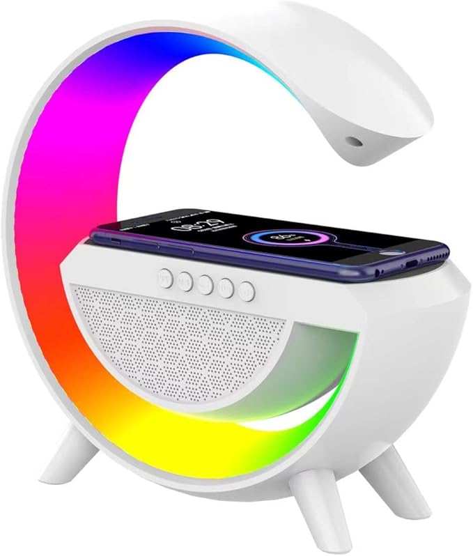 Pxujoqecg Table Lamp with Bluetooth Speaker, G Bedside Light with 15W Wireless Charger, Atmosphere Lighting with Alarm Clock, RGB Bedside Nightstand Table, Hi-Fi Sound, Time Display