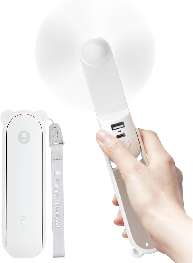 JISULIFE Handheld Fan 8 Plus: All-in-One Mini Fan with 40Hrs Cooling & 4500mAh PowerBank & Flashlight, USB Rechargeable, Portable Pocket Size for Travel, Makeup, Concert, Gifts for Women(White)