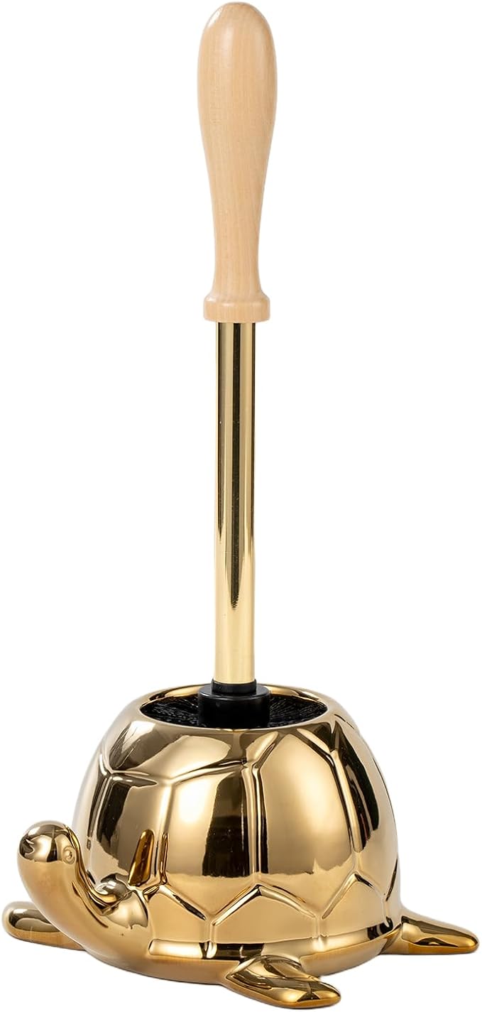 Turtle Base Toilet Brush Set - Gold Ceramic Toilet Scrubber Brush 7.5â Bowl Cleaner with Ergonomic Handle, Mini Cute Bathroom Cleaning Brush - Bathroom Decor