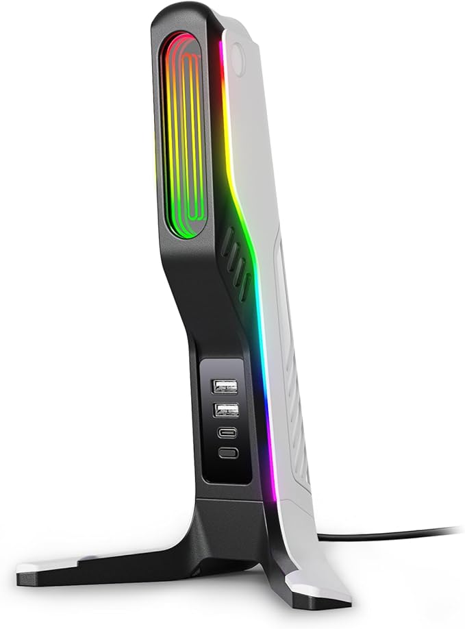 IFYOO RGB Gaming Headset Stand with 2 USB and 1 Type-C Ports, Game Headphone Mount for PC Computer, Xbox One, Xbox Series S/X, PS5, PS4, Earphone Holder Hanger, Desk Gamer Accessories, Black&White