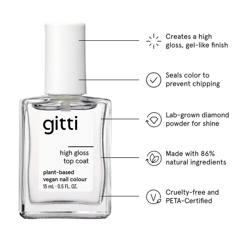 gitti High Gloss Top Coat I Plant-based, Non-Toxic, 30-Free, Based On Natural Origin Ingredients, Cruelty-Free, Vegan, Extra Long-Lasting, Prevents Chipping I Maximum Shine, Clear (0.5 fl oz)