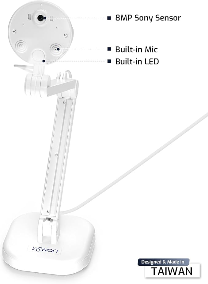 INSWAN INS-1 Classic USB Document Camera/Webcam – 8MP, Auto Focus, LED, Mic, Perfect for Desktop Teaching, Compatible with Windows/Mac/iPad/Chromebook, Ideal for Distance Learning & Live Demos, White