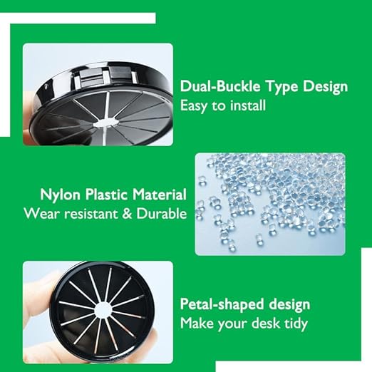 EASYEAH 4PCS Cable Grommets, 4" (100mm) Desk Hole Cover Petal Shaped Buckle Type Nylon Snap Bushing Grommet, Wire Hole Cover Insert for Cables and Cords Management and Protection of Cabinet, Black