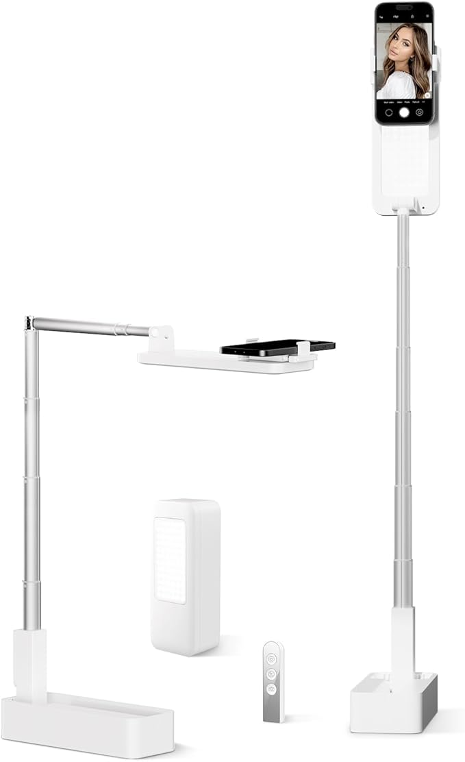 SupeDesk Phone Stand for Recording, Overhead Phone Mount with Light, Selfie Stand,Portable,Extendable,360° Rotate,Adjustable,Wireless Remote,Rechargeable, for 3.5-6.9" Phones, Live Streaming, White