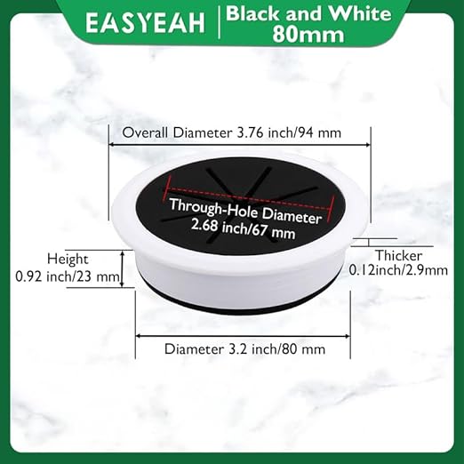 EASYEAH 2 Pcs Desk Grommet 3-1/8" / 80 mm, Desk Hole Cover for Cables Black and White, Cable Grommet ABS Plastic, Desk Hole Grommet for Home & Office Pc, Detachable Cable Cord Organizer