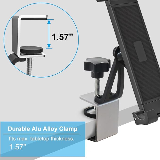woleyi Under Cabinet Tablet Mount, Kitchen iPad Holder for Desk/Shelf/Board/Chair, 360° Adjustable Metal Clamp Stand for iPad Pro Air Mini, Galaxy Tabs, Z Fold, Fire, Surface, Switch, 4.7-13" Devices
