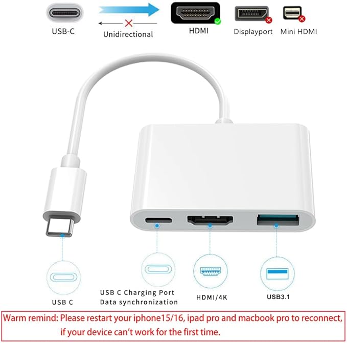 USB-C Digital AV Multiport Adapter, 4K@60Hz, 3-in-1 USB C to HDTV Adapter, 100W PD Charging and USB 3.1 Port, USB C Hub Compatible with iPhone 16/15, iPad Pro, MacBook, Samsung