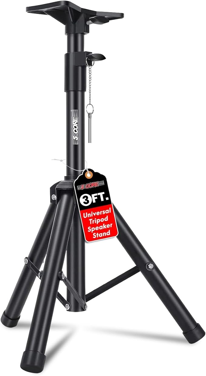5 Core Speaker Stand Universal Mount Steel Alloy Construction 132 Lbs Capcity Stable Tripod w/Adjustable Height 36” w 35mm Compatible Insert Metal Safety Pin Black