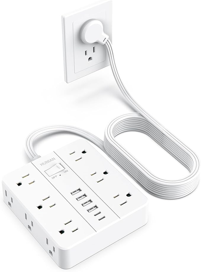Extension Cord Power Strip 15 Ft Cord, HUNIAN Flat Plug Extension Cord with 12 Widely Spaced Outlets 6 USB Charger (2 USB C Ports), Desk Charging Station for Home Office Supplies, Dorm Room, White