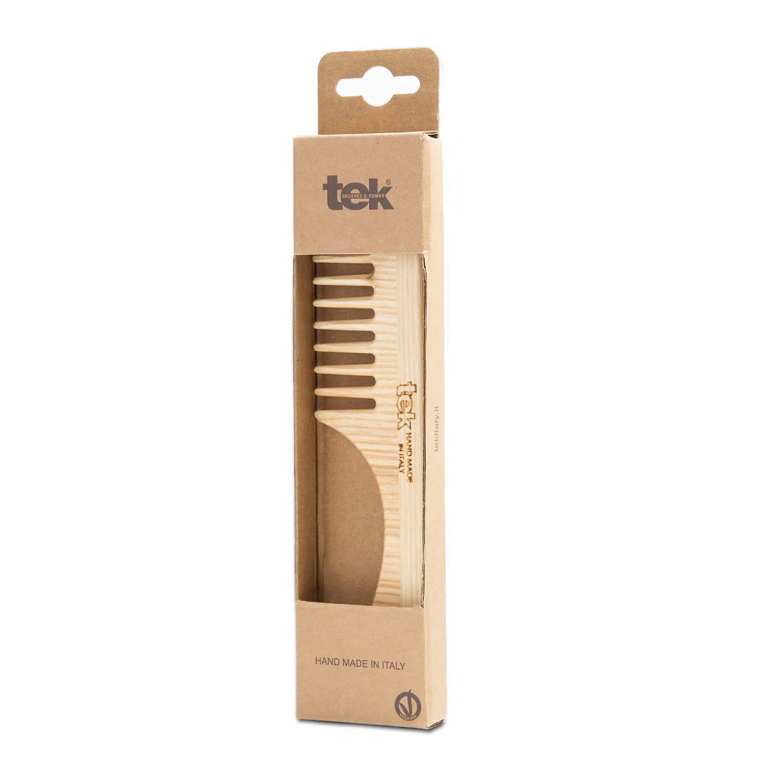 TEK | Wooden Hair Comb with Wide Tooth and Natural Ash Wood Handle, Ideal for Gently Detangling Normal, Wavy or Curly Hair Without Breakage | Allure Award-Winning | 20x4.5 cm | Handmade in Italy