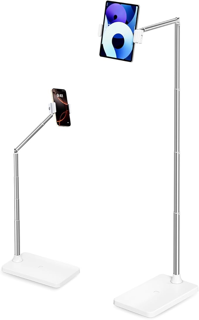 SupeDesk Tablet Floor Stand, Adjustable iPad Holder for Bed & Sofa - 360° Rotating Long Arm, Height Adjustable from 13.5" to 60.3", Sturdy Metal Base for iPad, Tablet, Phone (4-13 Inch), White