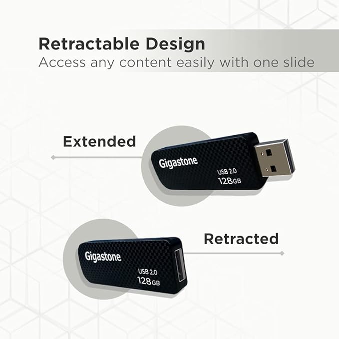GIGASTONE V30 128GB USB 2.0 Flash Drive 5-Pack, Capless Retractable Design Pen Drive, Carbon Fiber Style, Reliable Performance & Durable