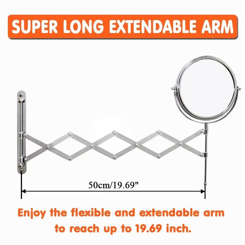 Welllink 8Inch Max Extendable Mirror for Bathroom, Space-Saving Screw Mount, 10X/1X Magnifying Mirror, HD Glass No Distortion Chrome, for Home Cloakroom Gift