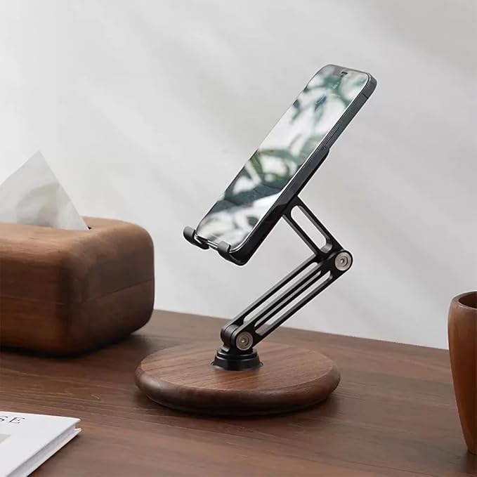xjwoodsmart iPhone Stand for Desk, Phone Stand Adjustable Foldable, Cell Phone Holder 360 ° Rotation, Compatible with iPhone 17 16 15 14 13 12 Pro Xs Xs Samsung Galaxy Tablets All Phones, Walnut Wood