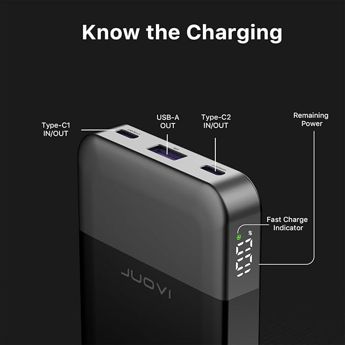 JUOVI Power Bank 35W 10000mAh Portable Charger Fast Charging Small Battery Pack with PD 3.0 & QC 4.0 Type-C USB-A Input Output Lightweight Phone Charger Compatible for iPhone Samsung iPad