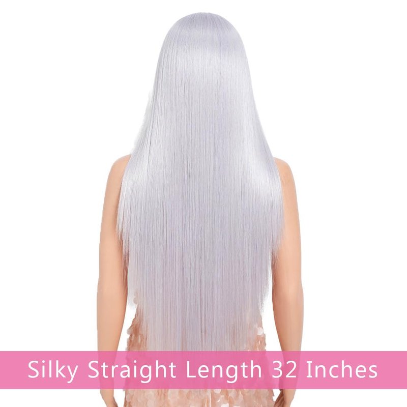 Style Icon 32-Inch Long Straight Wig Mid-Part Lace Front Silky Smooth Synthetic Silver White Purple Color Wig