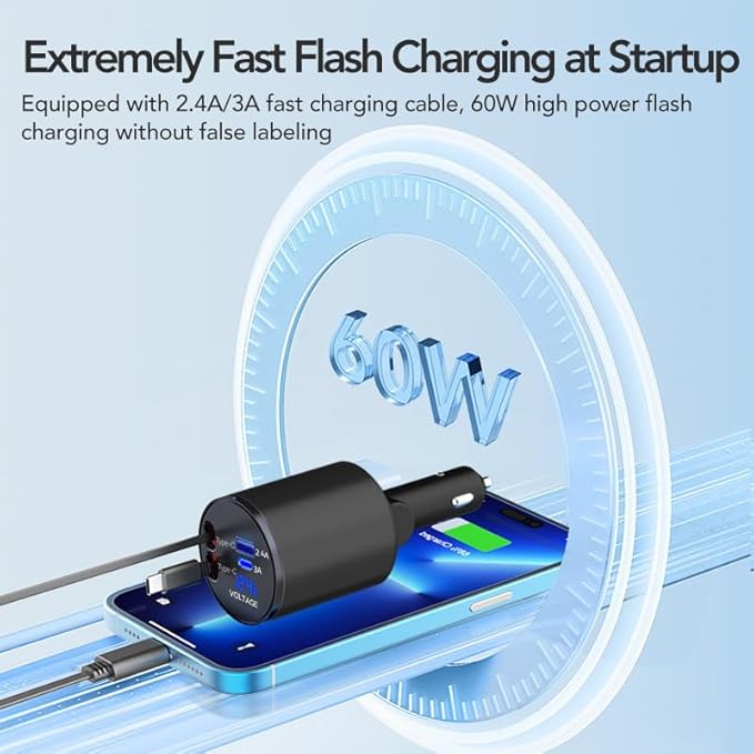 Retractable Car Charger, 4 in 1 Super Fast Car Phone Charger 60W, 2 Retractable Cables and 2 USB Ports Car Charger Adapter,Compatible with iPhone 17/16/15/14/13/12/11,Air-Pods Pro 3/4,Galaxy,Pixel