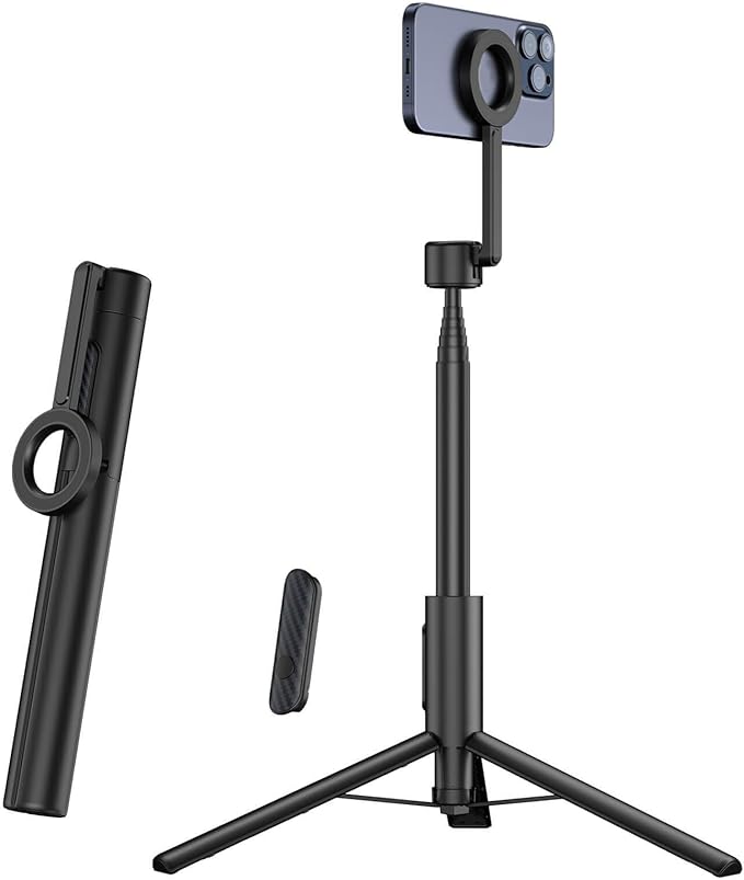 SEAJIC Magnetic Phone Tripod for iPhone 64" Selfie Stick with Remote and Metal Ring, Automatic Pop-up Magnetic Travel Tripod for Cell Phone Video Recording/Photography/Vlogging (Balck) (Black Grey)
