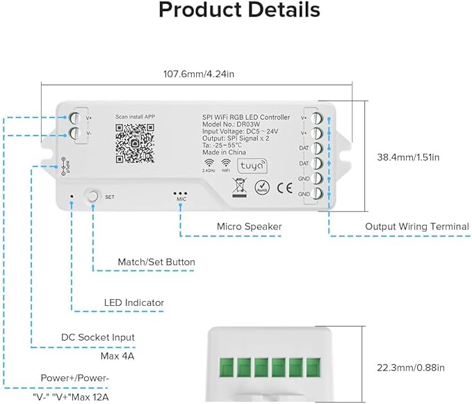 FCOB WiFi RGB IC LED Controller DR03W, Control by Smart Life/Tuya APP/Alexa/Google Home, Support WS2811/WS2812B COB Strip, SPI RGB Controller Work with WR01RF RC03RFB RF Remote
