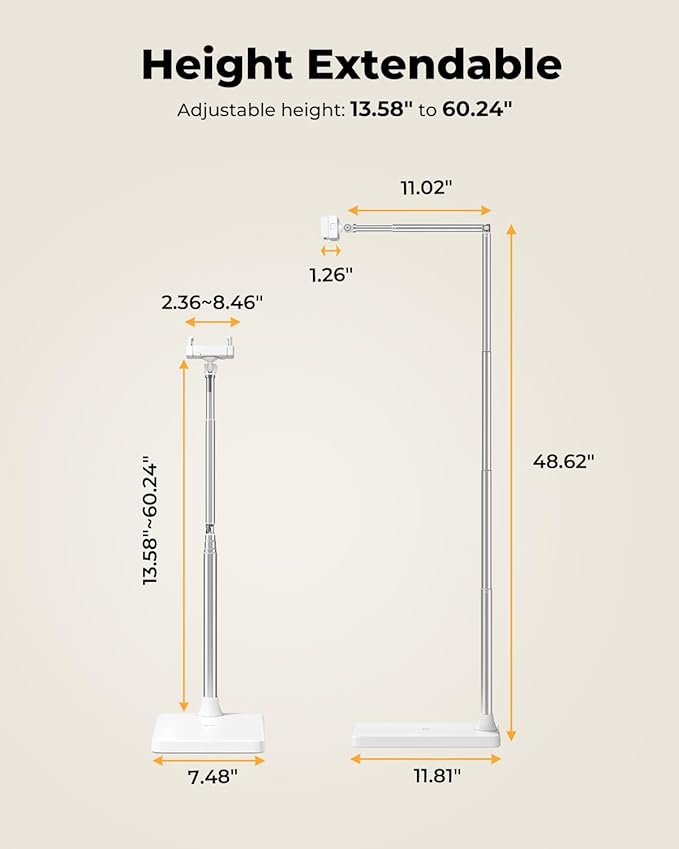 SupeDesk Tablet Floor Stand, Adjustable iPad Holder for Bed & Sofa - 360° Rotating Long Arm, Height Adjustable from 13.5" to 60.3", Sturdy Metal Base for iPad, Tablet, Phone (4-13 Inch), White