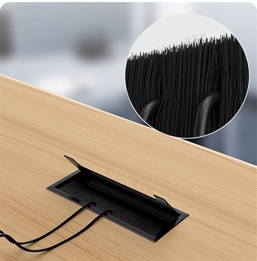 2PCS Desk Grommet Metal Rectangle Desk Cord Cable Hole Cover Grommet with Brush for Home Office Bank Computer Table (Black)