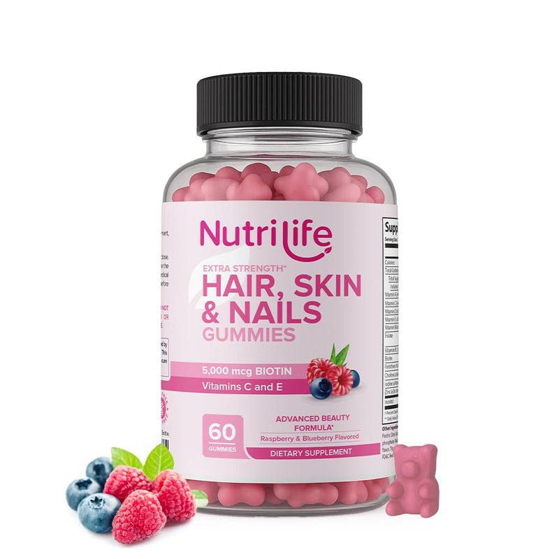 NutriLife Advanced Hair, Skin & Nails Gummies – Biotin with Vitamin C & E – Vegan Beauty Support – Promotes Hair Growth, Strong Nails & Radiant Skin – Non-GMO, Gluten-Free, Made in USA