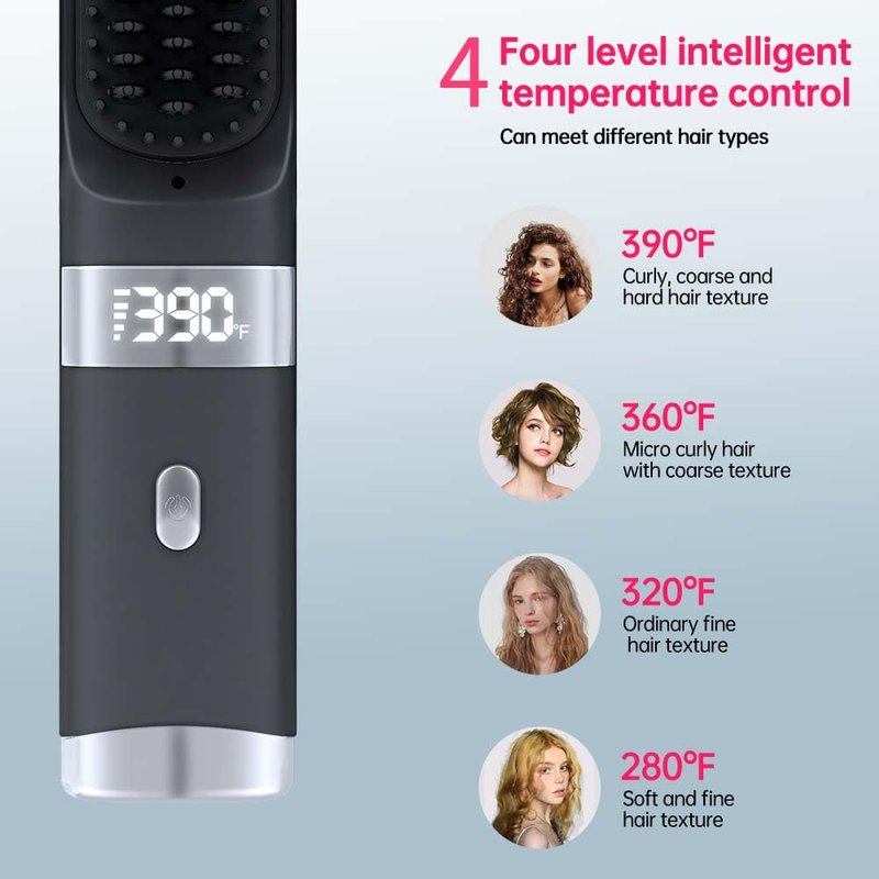 Cordless Hair Straightener Brush Portable on The go Comb for Travel USB chargingTwo Power sources30s Fast HeatingLCD Large Screen Display (Black) 040404