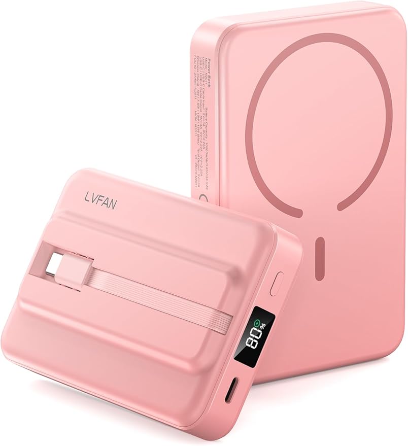 LVFAN for Magnetic Power Bank 10000mAh, Fast Charging Wireless Magnetic Portable Charger with Built-in USB C in&Out Cable, Travel LED Display Battery Pack for iPhone 17 16 15 14 13 12
