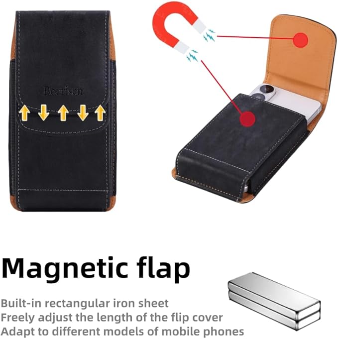 Bourisen Universal Phone Holster Phone Pouch Case Belt Clip Belt Loops Card Slot Faux Leather for Man iPhone 17/16/15pro max,16/15Plus,Samsung S25 24 S23 S22 Ultra (Black&Yellow, XL(6.6"x3.4"x0.8"))