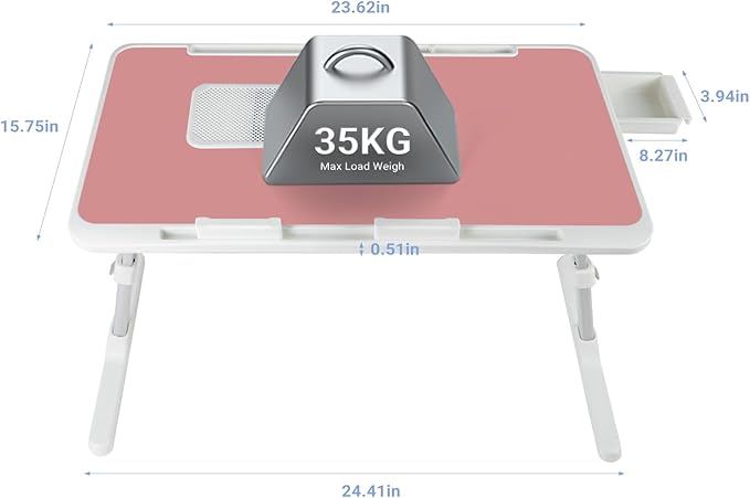 iXTRA Laptop Lap Desk Include Cooling Fan,Adjustable Lap Desk with Light Fan,Folding Laptop Desk for Bed with USB,Bed Desk with Storage Drawer 60x40cm,Pink