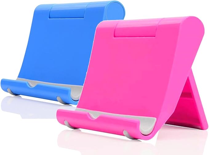 JUSDIQIR Cell Phone Stand for Desk 2 Pack Mobile Phone Holders Desktop Tablet Stand, Foldable Phone Dock Universal Adjustable Tablet Stand for Desk Compatible with Cell Phone Support (Blue+Pink)