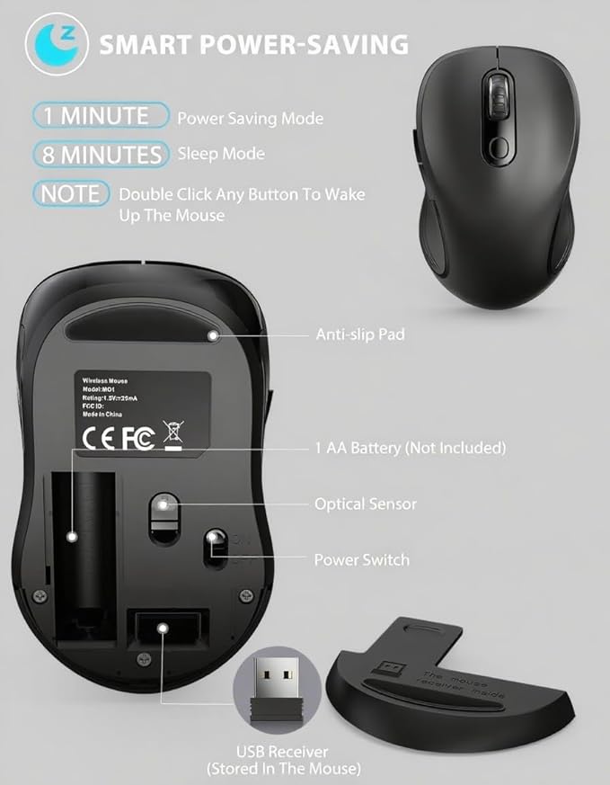 Trueque Wireless Mouse, 2.4GHz Ergonomic Mouse for Laptop & PC, Silent Portable Computer Mice with Back & Forward Buttons, USB-C Adapter for Windows/Mac, M01 (Black)