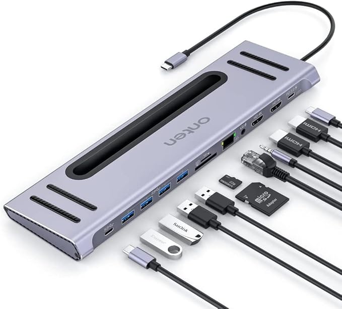 USB C Docking Station,Onten USB-C to Dual HDMI Adapter HUB .12-in-1 USB-A 3.0, USB-C 3.0 Gigabit Ethernet Dual-solt sd/tf Card Reader,PD 100w Charger (DP Alternative Mode Required)