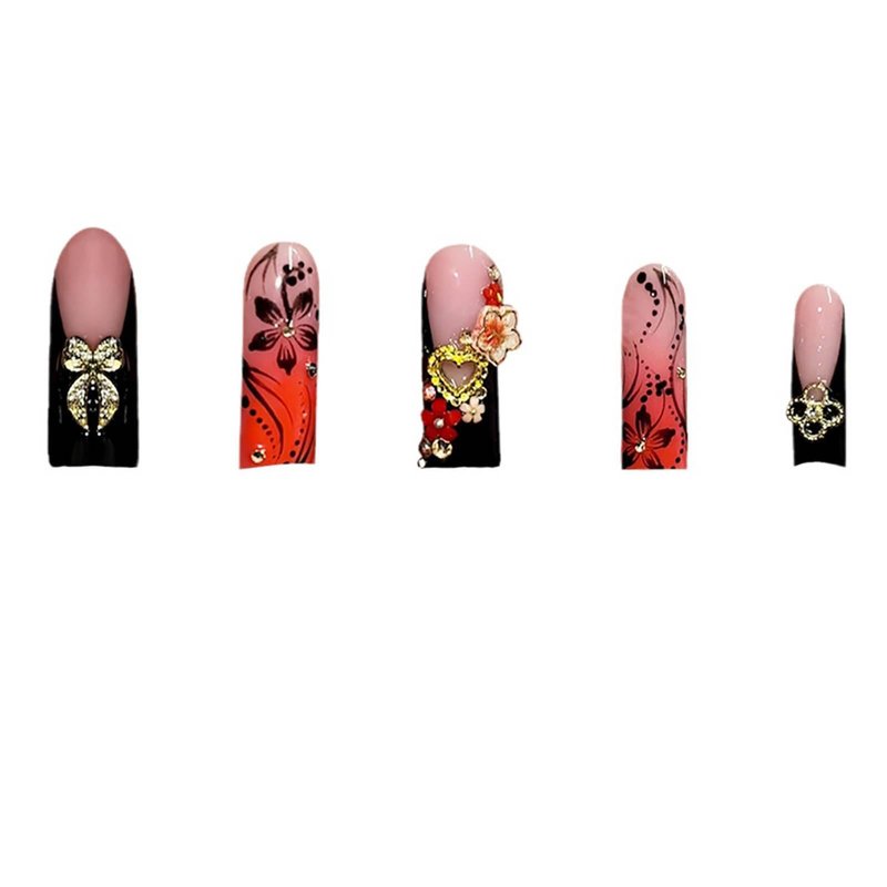 24Pcs Red French Tip Fake Nails Long Square Press on Nails pink Full Cover Glue on Nails with 3D Flower and Rhinestones Designs False Nails Gold Metallic Heart Acrylic Nails for Women