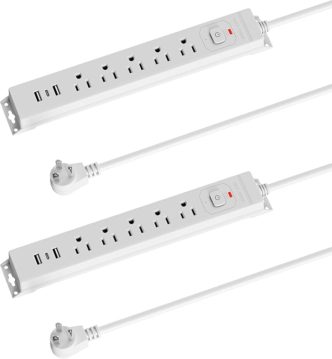 [2-Pack] 10 Ft Power Strip Surge Protector with USB Ports, Flat Plug Extension Cord, 5 AC Outlets and 3 USB Charging Ports, Wall Mountable – White for Home, Office, Dorm