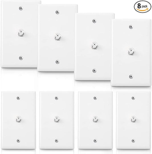 Weewooday 8 Pcs 1-Port TV Cable Wall Plate with F Connector Coax Wall Plate Video Jack Single Gang (White)