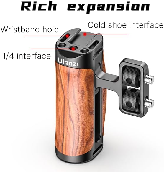ULANZI R075 Wooden Camera Side Handle,Left & Right Dual Grip with 1/4"-20 + Cold Shoe,Walnut Wood Video Rig Compatible With Mirrorless A7 IV A6700,Canon R6 R50,Run-and-Gun Vlog & Smartphone Cage Mount