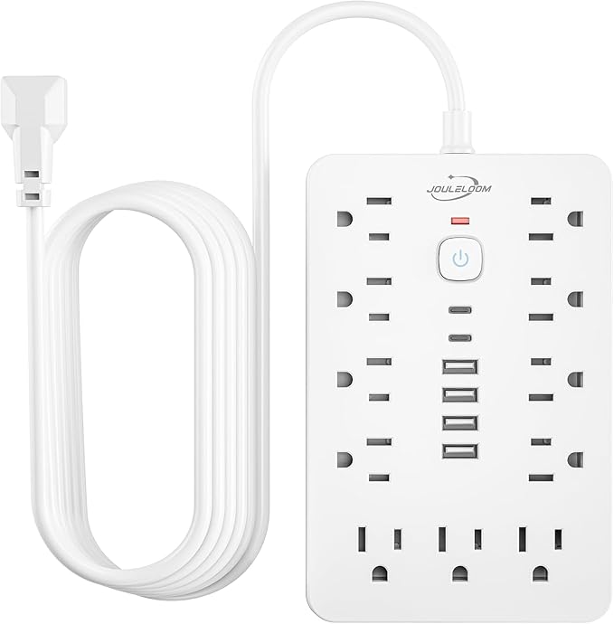 JouleLoom 5 FT Flat Plug Surge Protector Power Strip,11 Multiple AC Outlets with 6 USB Ports (2 USB C), 5 Feet Extension Cord, 1250W/10A, One Touch Switch Button, 17 in 1 Compact powerstrip-White