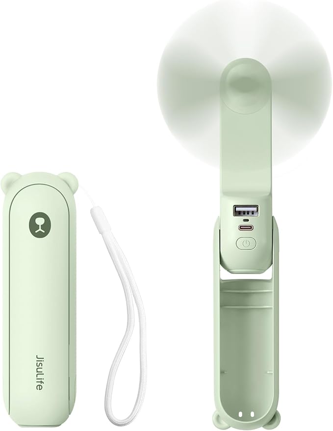JISULIFE 3 IN 1 Handheld Mini Fan - Portable Fan & Power Bank & Flashlight, 19H Max Cooling, USB Rechargeable, Pocket-Sized for Travel, Cruise, Concerts, Makeup, 2026 Summer Gifts for Women(Green)