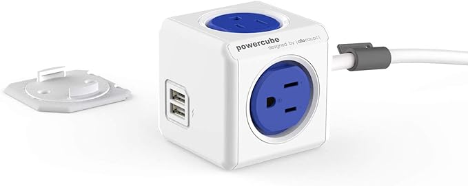 Power Strip Allocacoc PowerCube Extended USB 4 Outlets 2 USB 5ft Surge Protector Outlets Multiplier 15A 125V 1875W 14 AWG Heavy Duty Mounting Dock Travel Home Office Dorm Workspace Compact, ETL (BLUE)