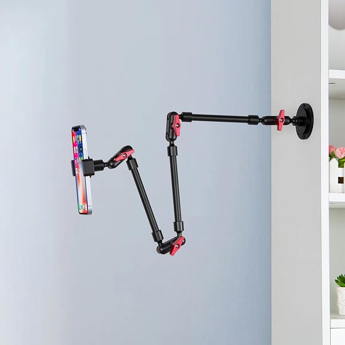 Wall Mounted Phone Holder Magic Arm 360° Rotation Adjustable Metal Base Screw in Wall Sturdy for Kitchen Bedroom Home 32 Inch Metal Phone Clip