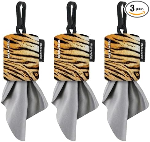 SPUDZ Classic Microfiber Lens Cleaner – Clip-On Pouch, Washable – for Binoculars, Scopes, Glasses, Screens | Classic | Tiger, 6 x 6 Inch (3-Pack)